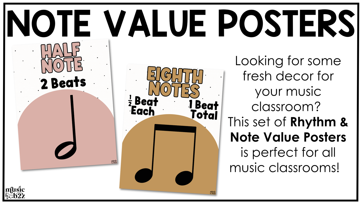 Neutral Note Value Posters Rhythm Durations Elementary Music Classroom Decor