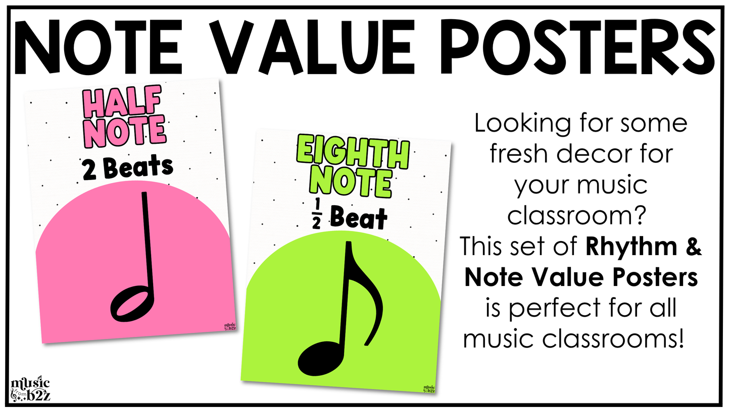 Bright Note Value Posters Rhythm Durations Elementary Music Classroom Decor