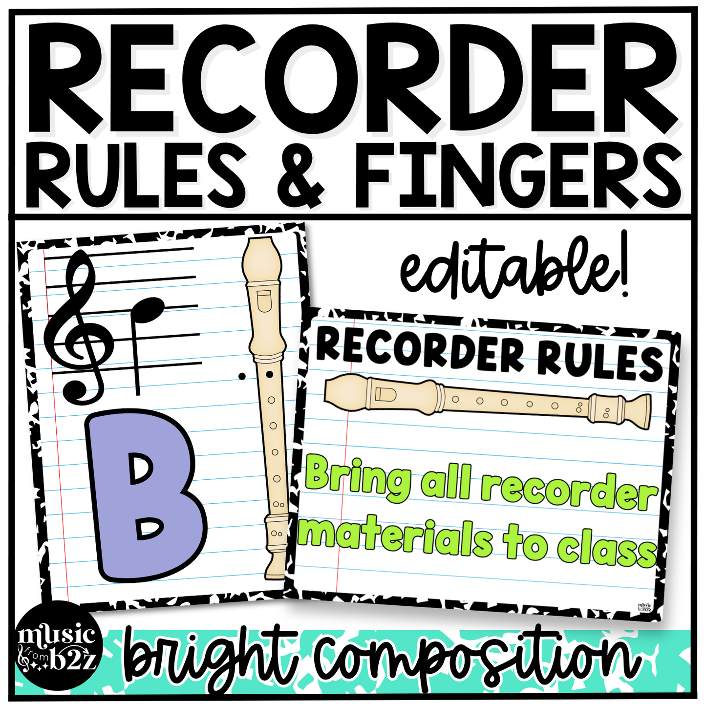 Bright Composition Recorder Fingering Charts & Rules Posters Music Classroom Decor