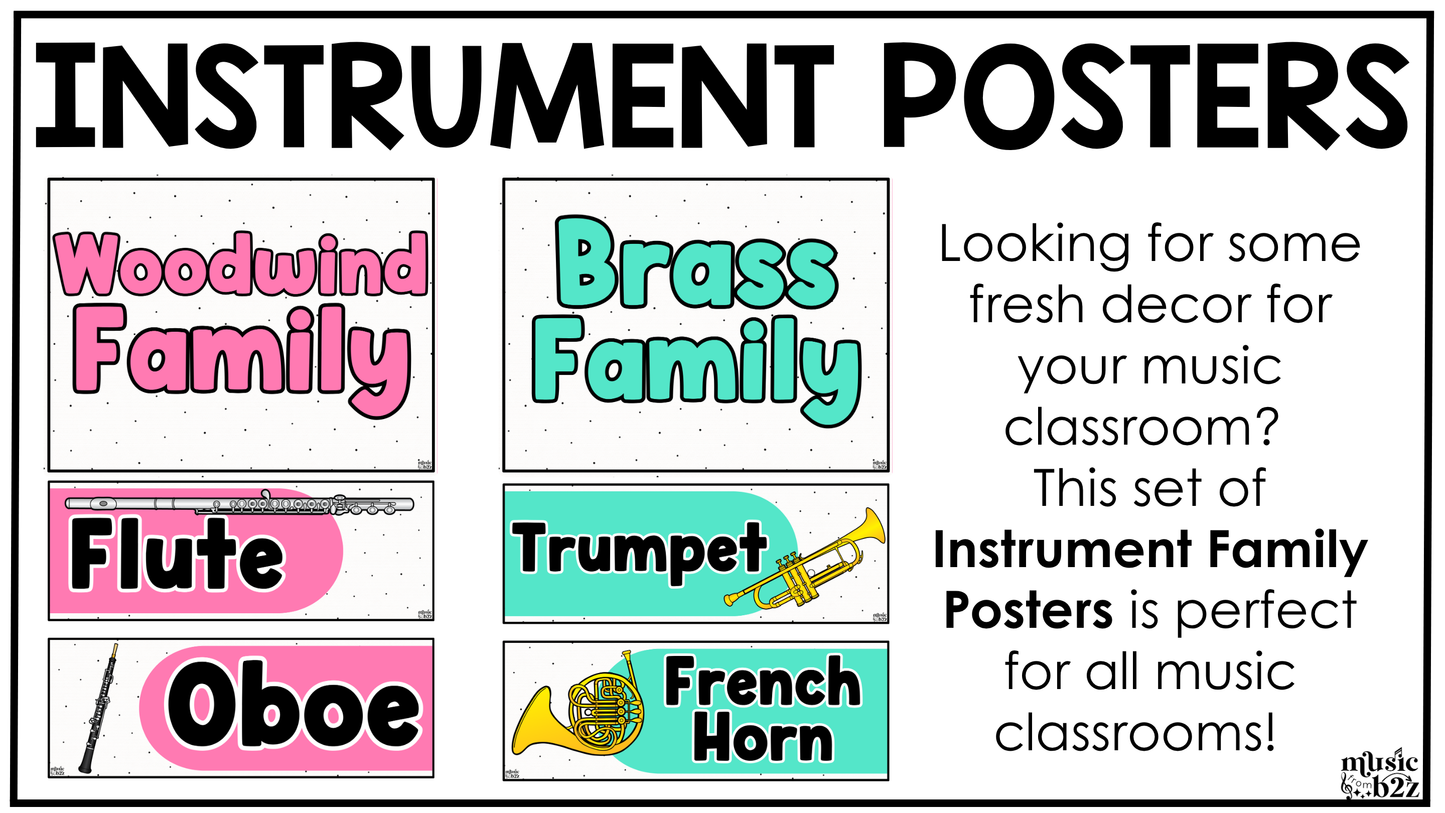 Bright Instrument Families of the Orchestra Posters Elementary Music Classroom Decor