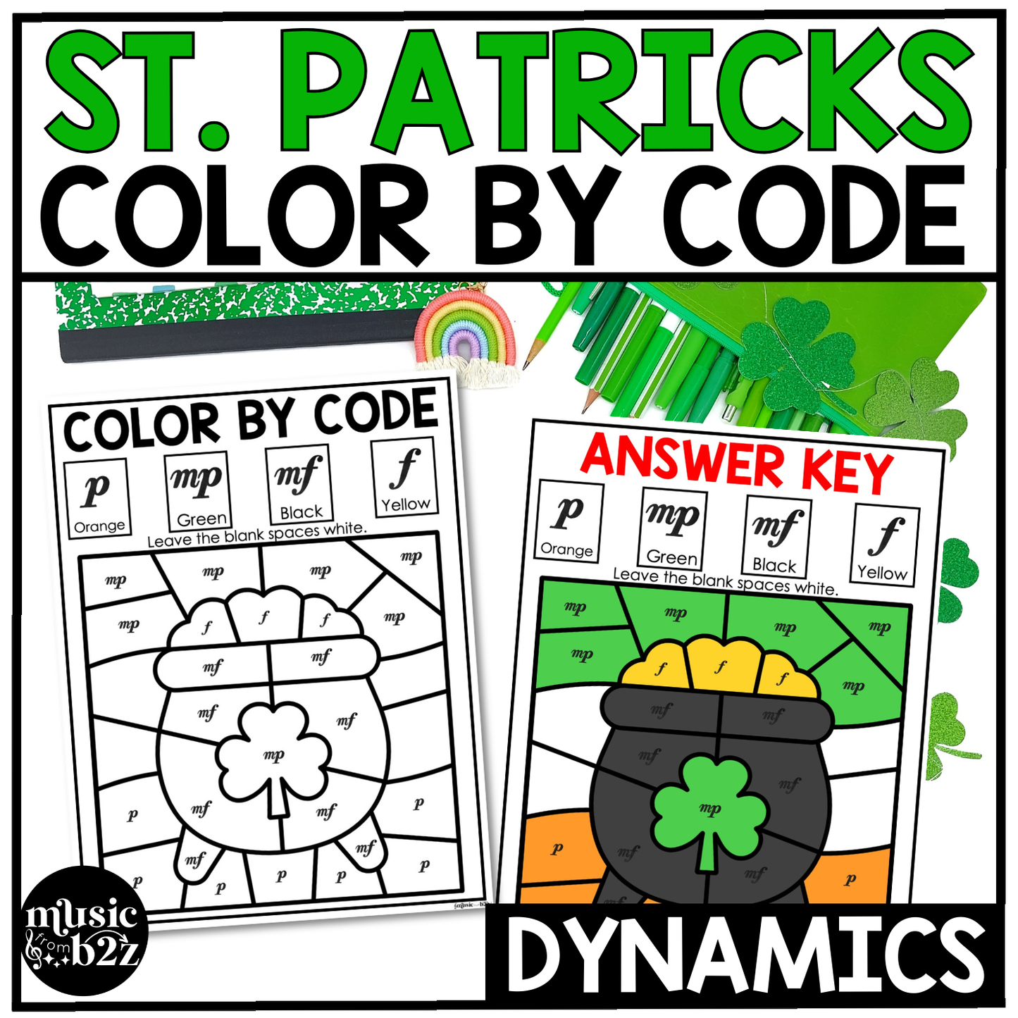 St. Patrick's Day Music Coloring Pages Color by Note Music Worksheets Dynamics