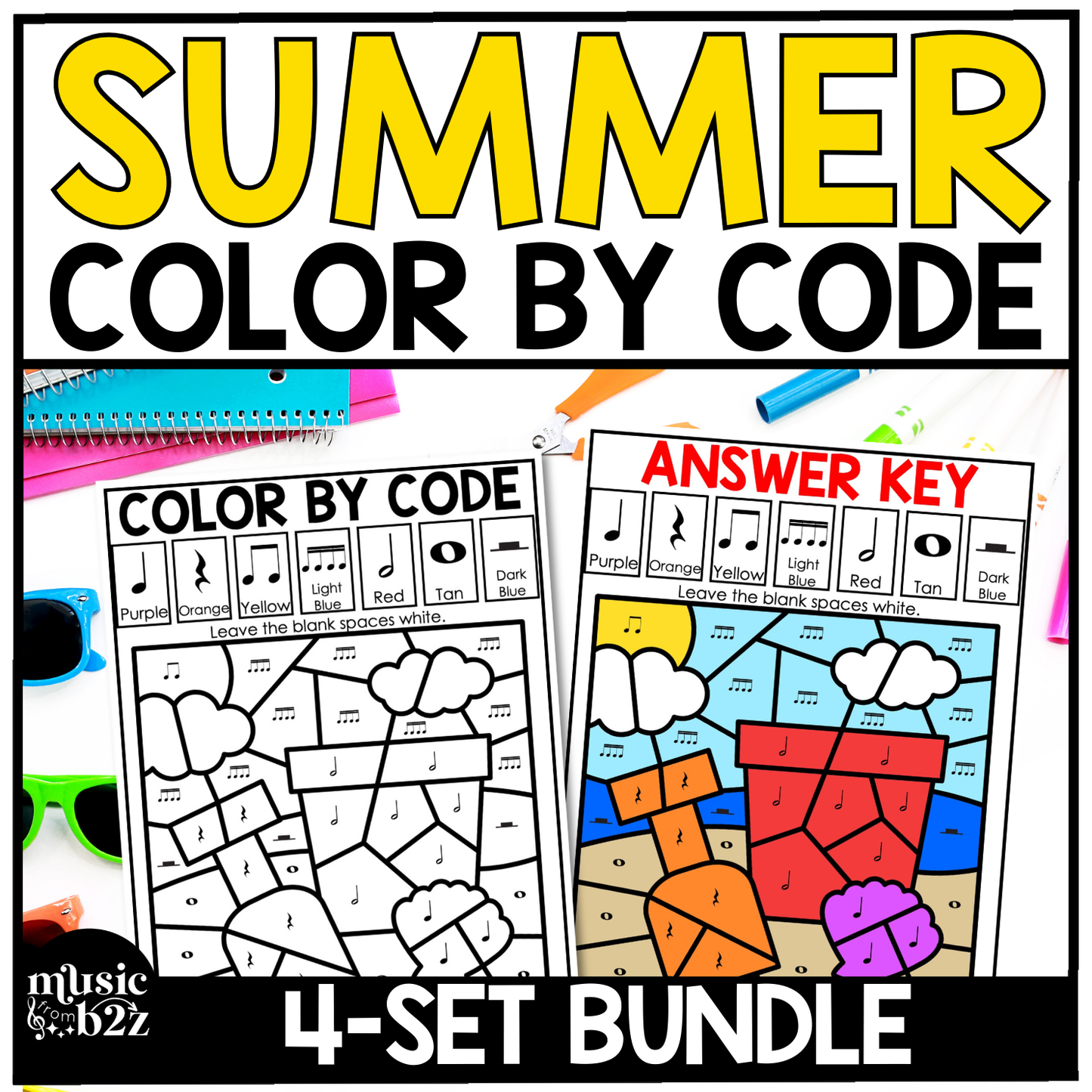 Summer Music Coloring Page BUNDLE Color by Note Summer Music Worksheets