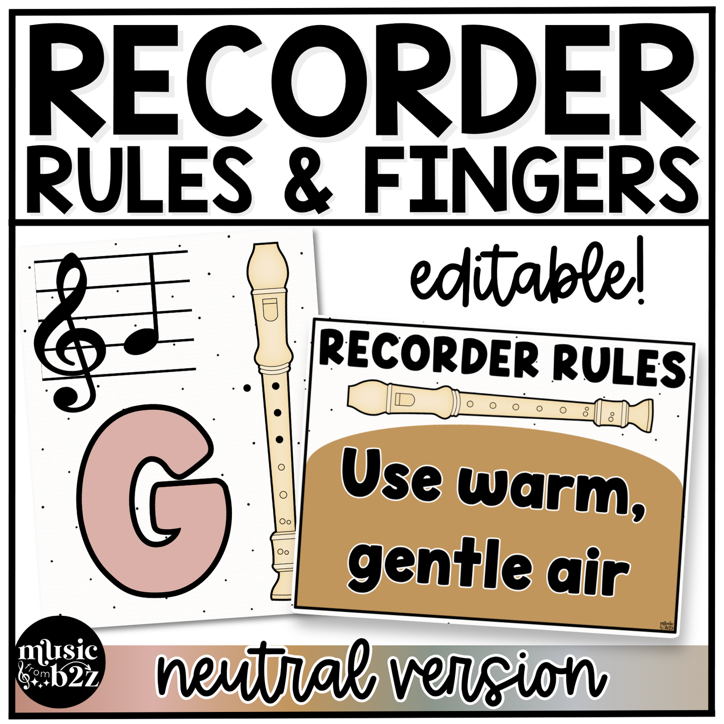 Neutral Recorder Fingering Charts & Rules Posters Music Classroom Decor