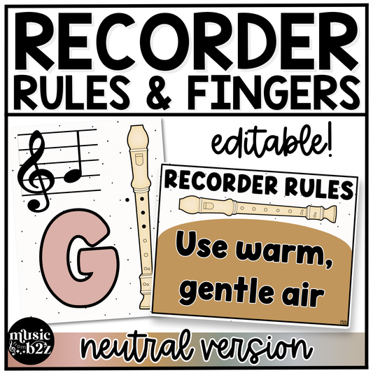 Neutral Recorder Fingering Charts & Rules Posters Music Classroom Decor