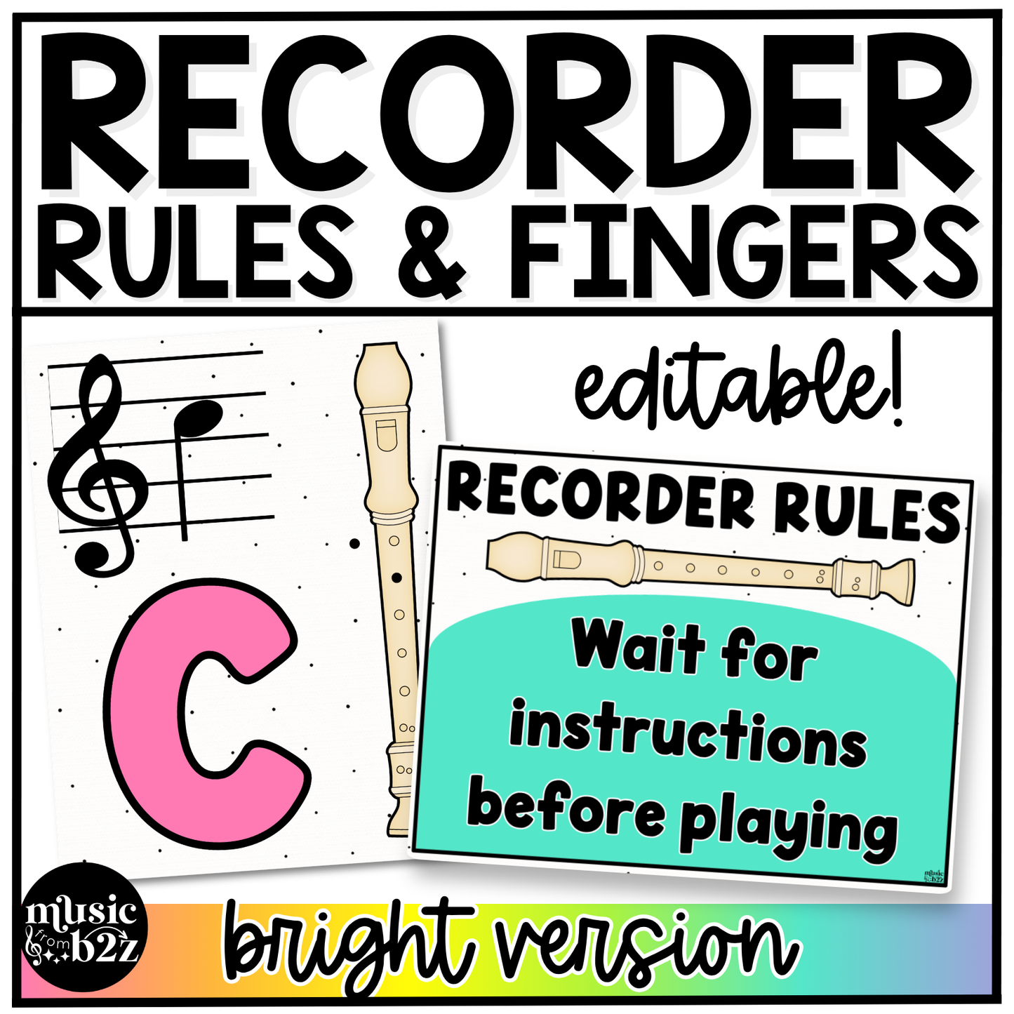 Bright Recorder Fingering Charts & Rules Posters Music Classroom Decor