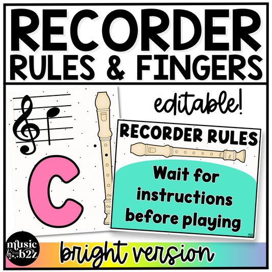 Bright Recorder Fingering Charts & Rules Posters Music Classroom Decor