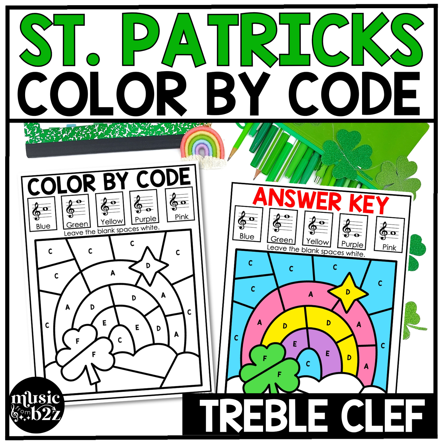 St. Patricks Day Music Coloring Pages Color by Note Music Worksheets Treble Clef