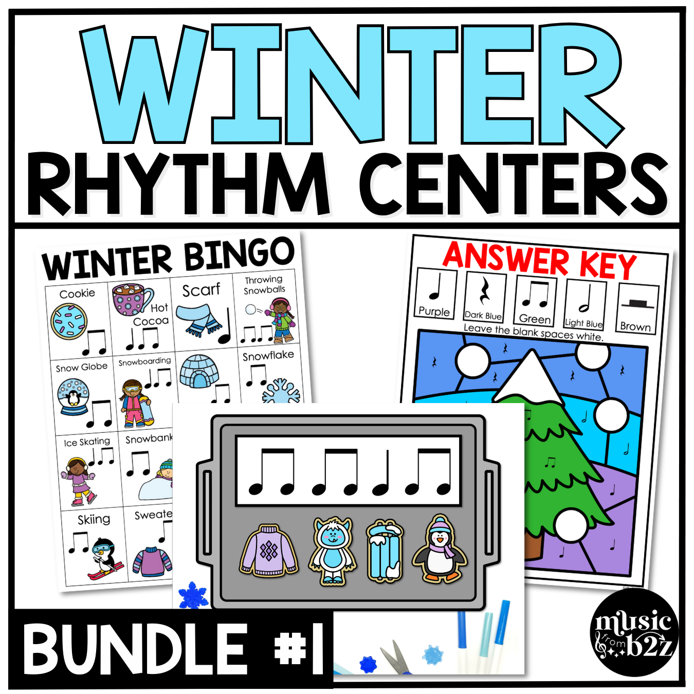 Winter Music Centers BUNDLE #1 Winter Rhythm Worksheets Music Games Sub Plans