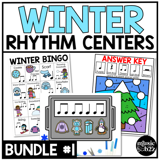 Winter Music Centers BUNDLE #1 Winter Rhythm Worksheets Music Games Sub Plans