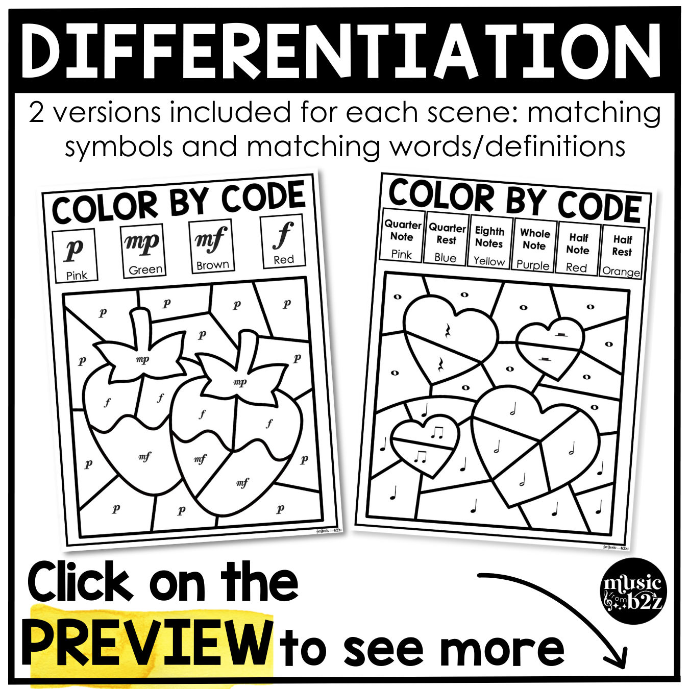 Valentine's Day Music Coloring Page BUNDLE Color by Note Music Worksheets