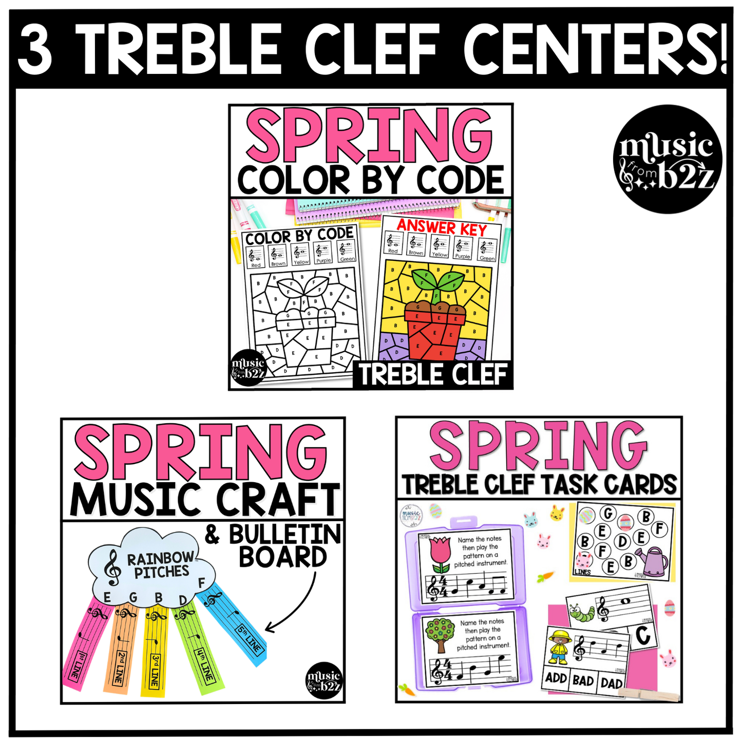 Spring Music Centers BUNDLE Spring Treble Clef Worksheets Music Games Sub Plans