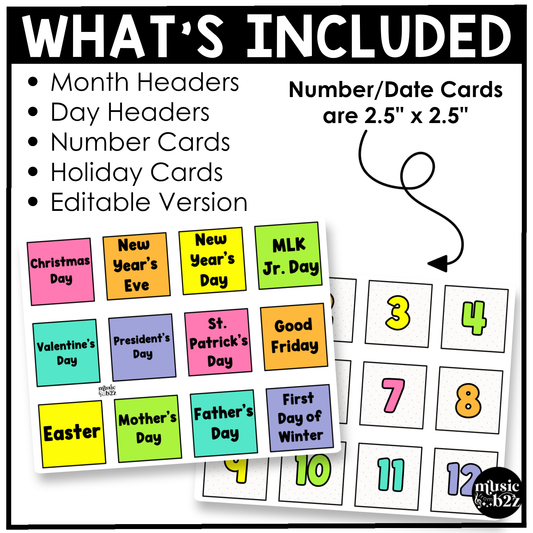 Bright Calendar Kit Editable Elementary Music Classroom Decor Calendar Pieces