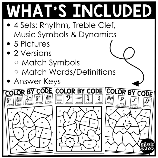 Easter Music Coloring Page BUNDLE Color by Note Spring Music Worksheets