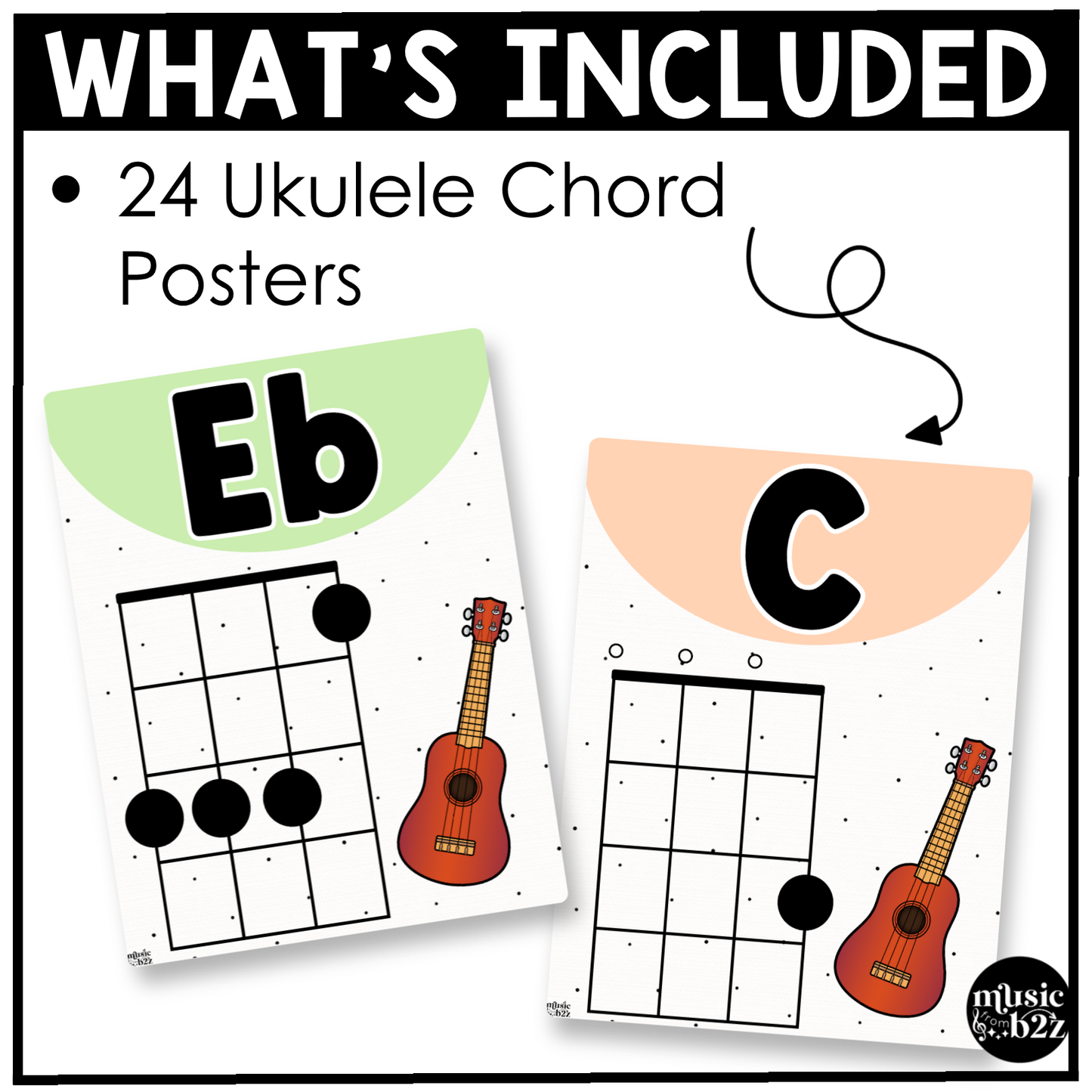 Pastel Ukulele Chord Charts Posters Elementary Music Classroom Decor