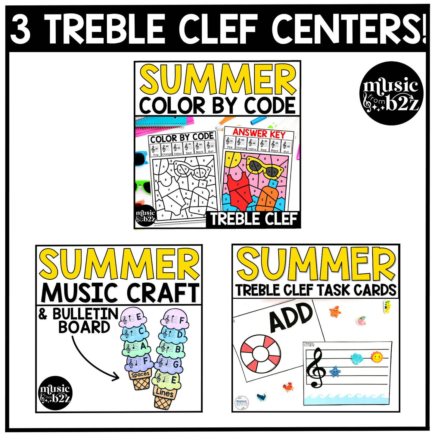 Summer Music Centers BUNDLE Summer Treble Clef Worksheets Music Games Sub Plans