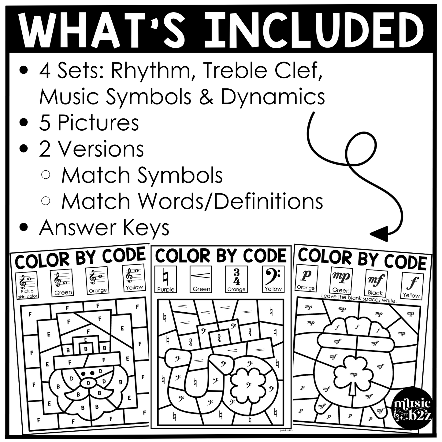 St. Patrick's Day Music Coloring Page BUNDLE Color by Note Music Worksheets