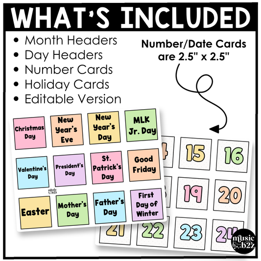 Pastel Calendar Kit Editable Elementary Music Classroom Decor Calendar Pieces