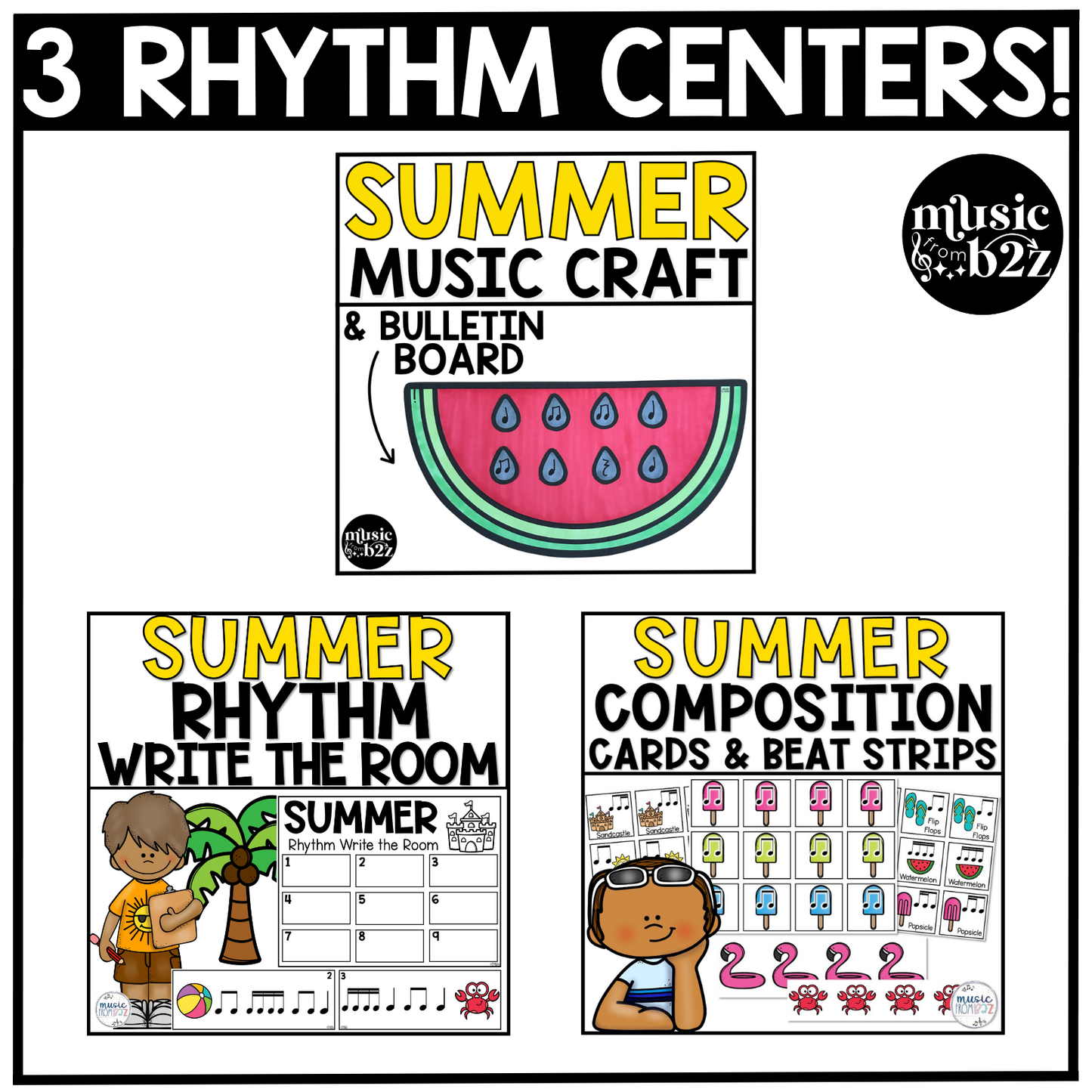 Summer Music Centers BUNDLE Summer Rhythm Worksheets Music Games Sub Plans