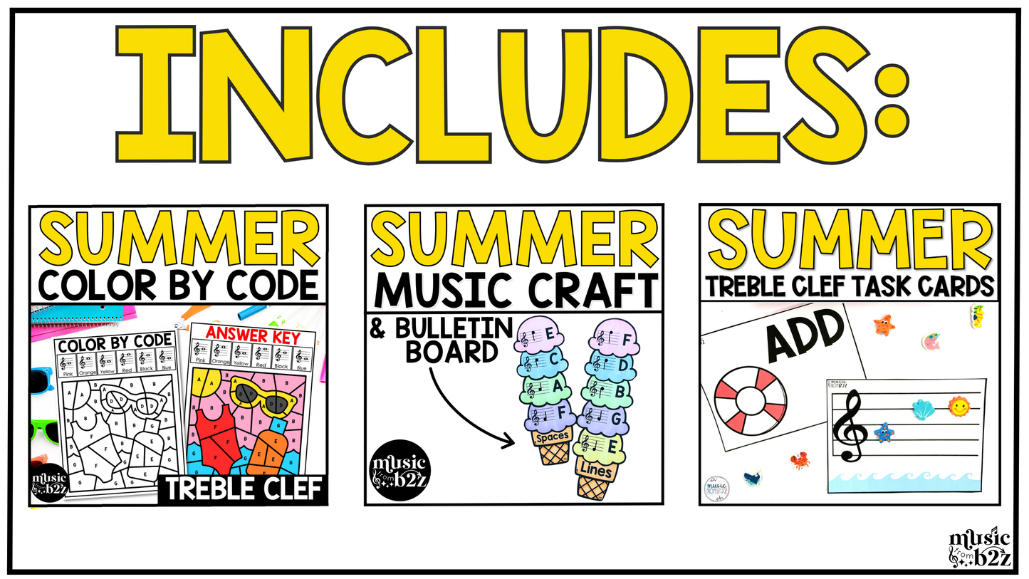Summer Music Centers BUNDLE Summer Treble Clef Worksheets Music Games Sub Plans