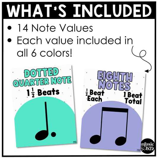 Bright Note Value Posters Rhythm Durations Elementary Music Classroom Decor