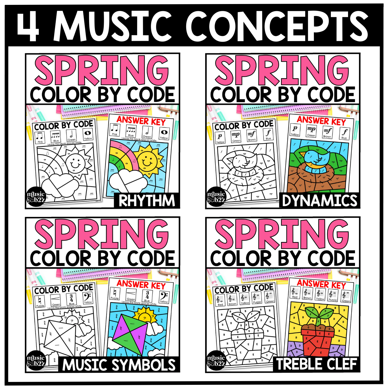 Spring Music Coloring Page BUNDLE Color by Note Spring Music Worksheets