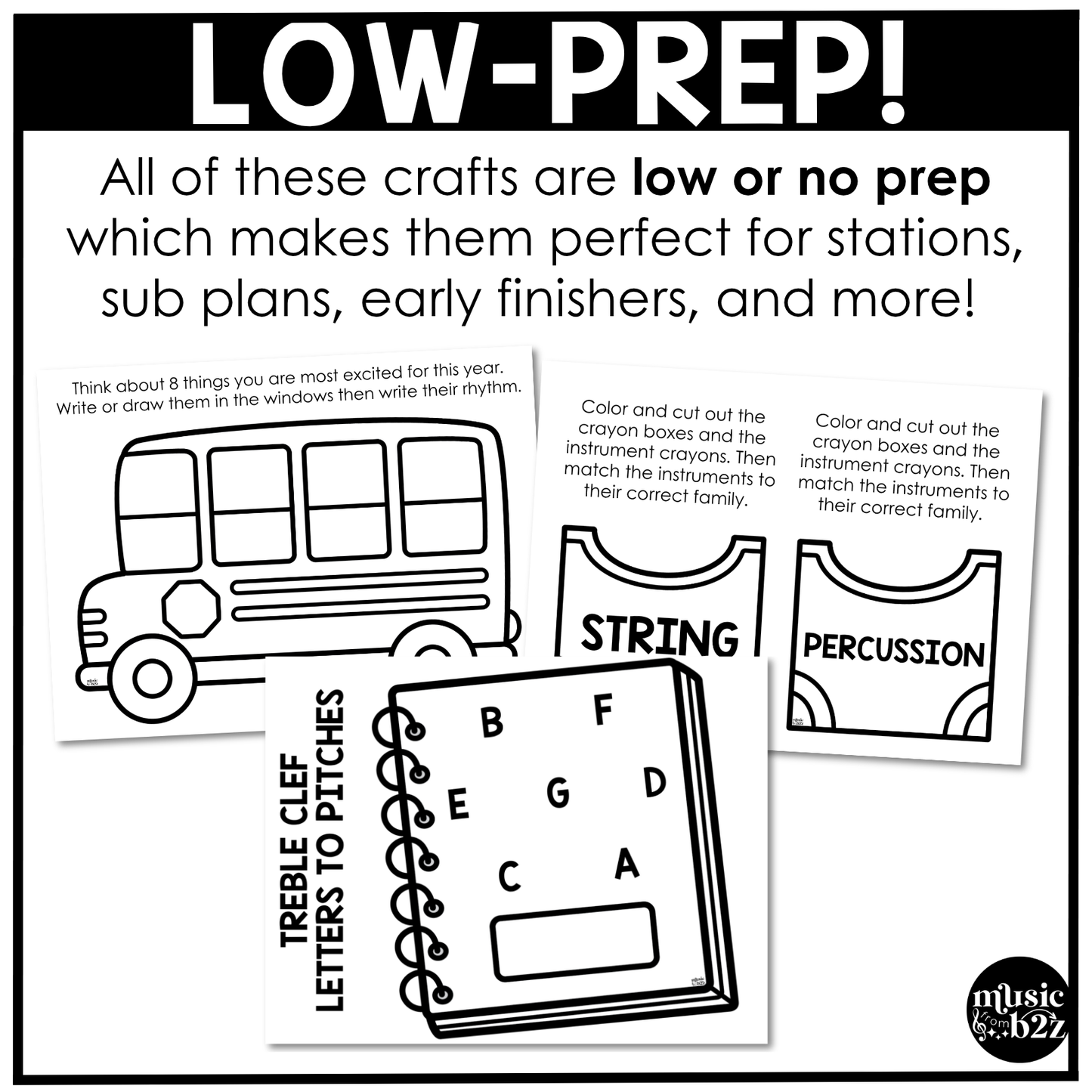 Back to School Music Craft BUNDLE Music Bulletin Board Music Centers Sub Plans