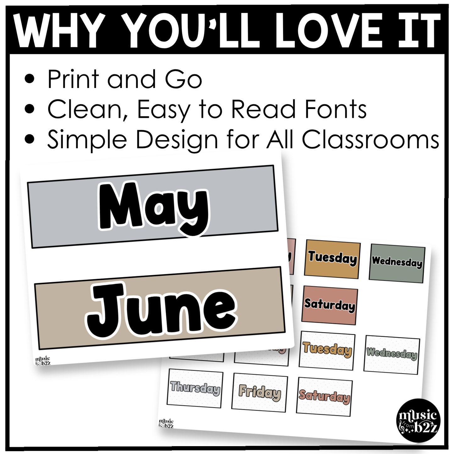 Neutral Calendar Kit Editable Elementary Music Classroom Decor Calendar Pieces