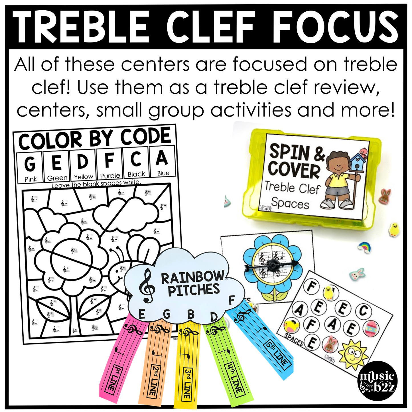 Spring Music Centers BUNDLE Spring Treble Clef Worksheets Music Games Sub Plans