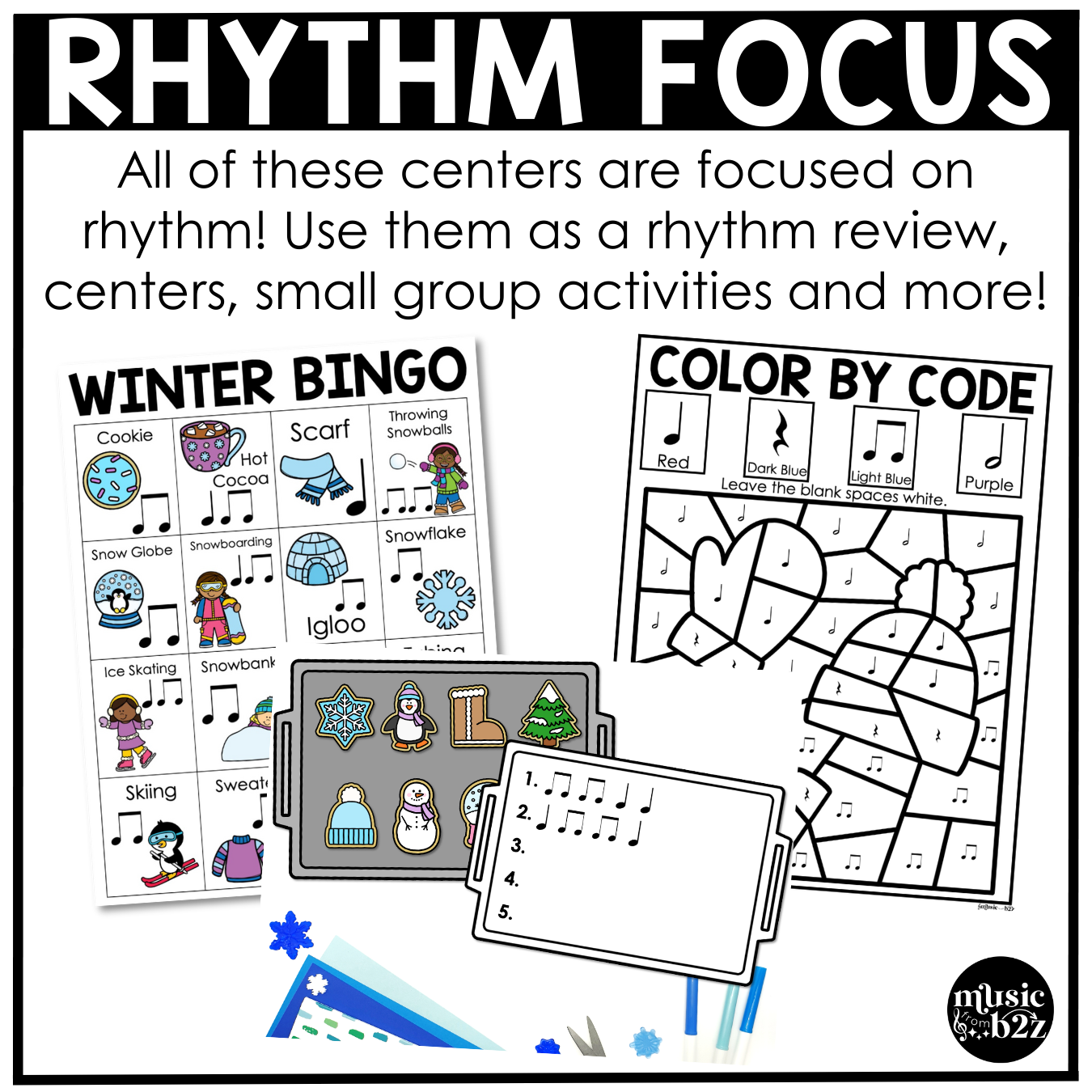 Winter Music Centers BUNDLE #1 Winter Rhythm Worksheets Music Games Sub Plans