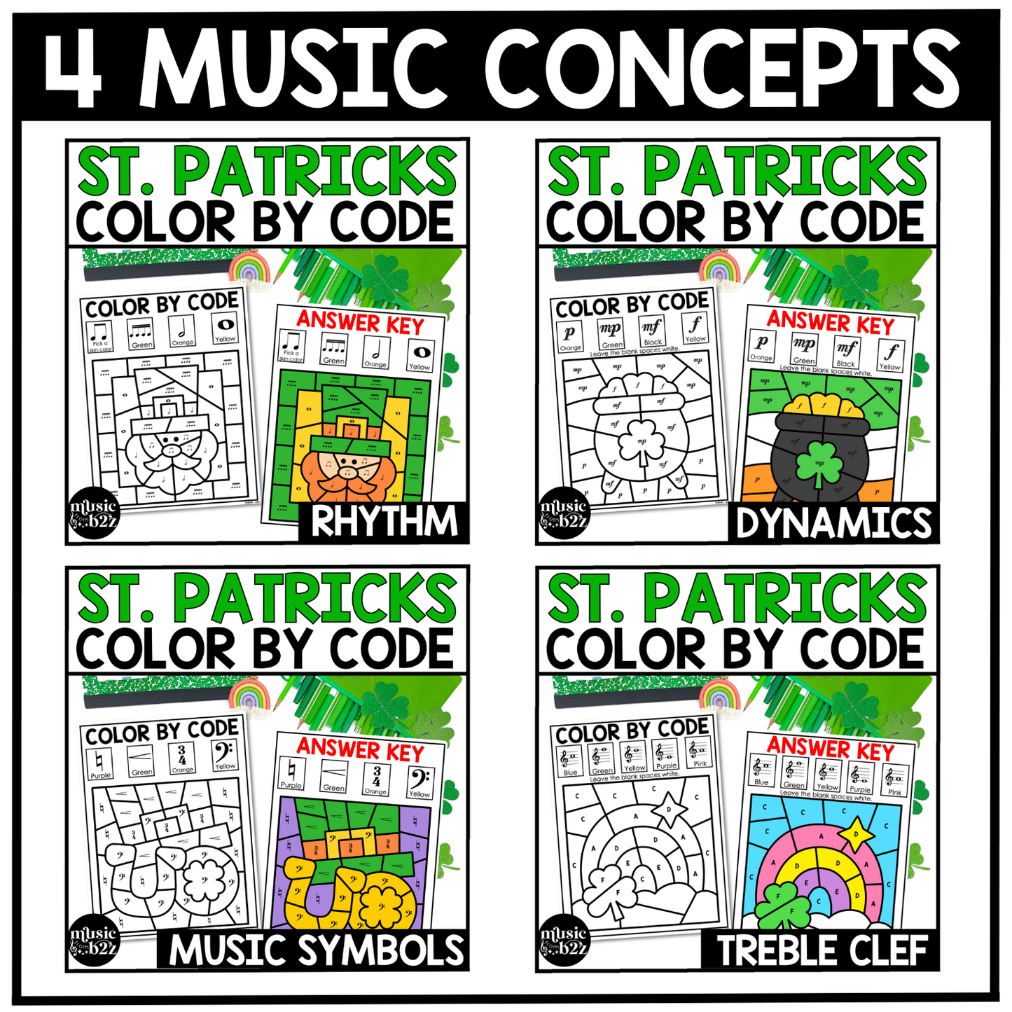 St. Patrick's Day Music Coloring Page BUNDLE Color by Note Music Worksheets