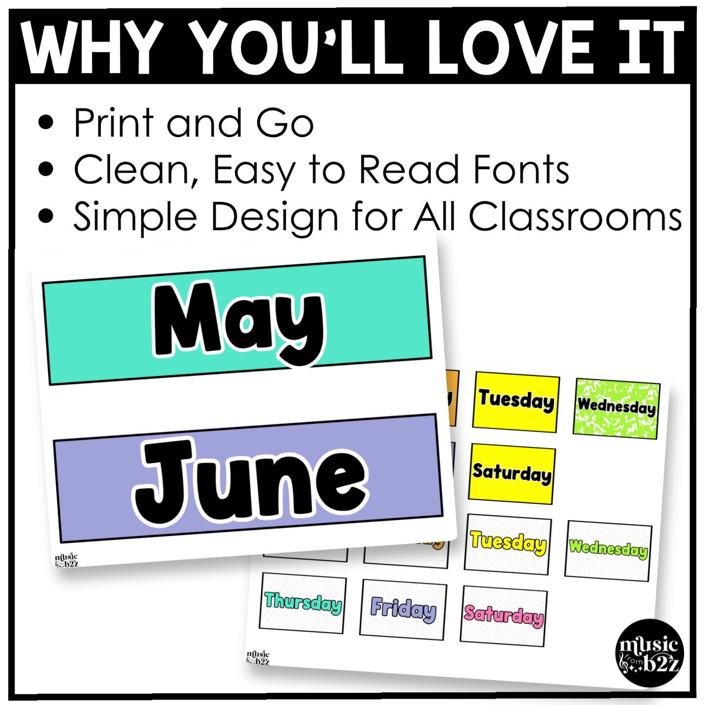 Bright Calendar Kit Editable Elementary Music Classroom Decor Calendar Pieces