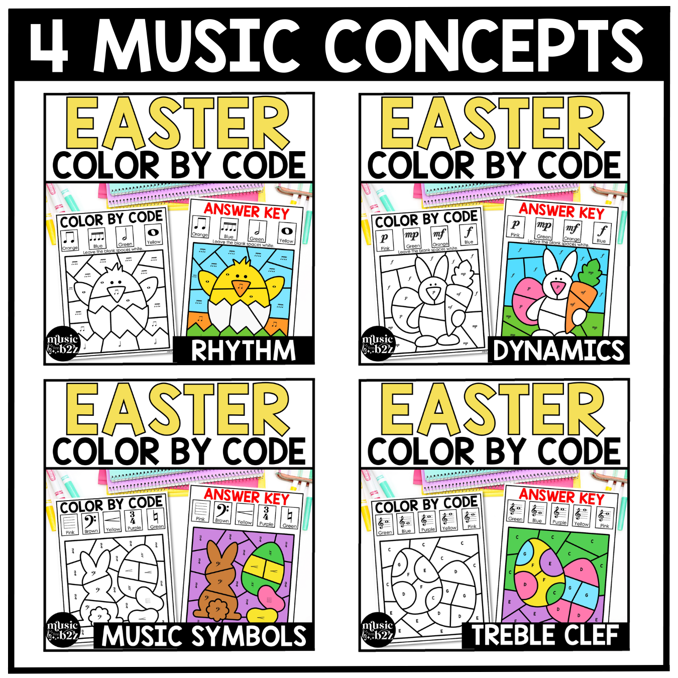 Easter Music Coloring Page BUNDLE Color by Note Spring Music Worksheets