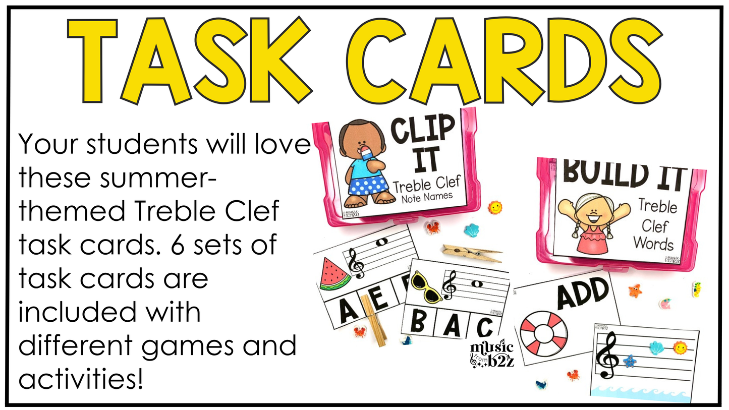 Summer Music Centers BUNDLE Summer Treble Clef Worksheets Music Games Sub Plans
