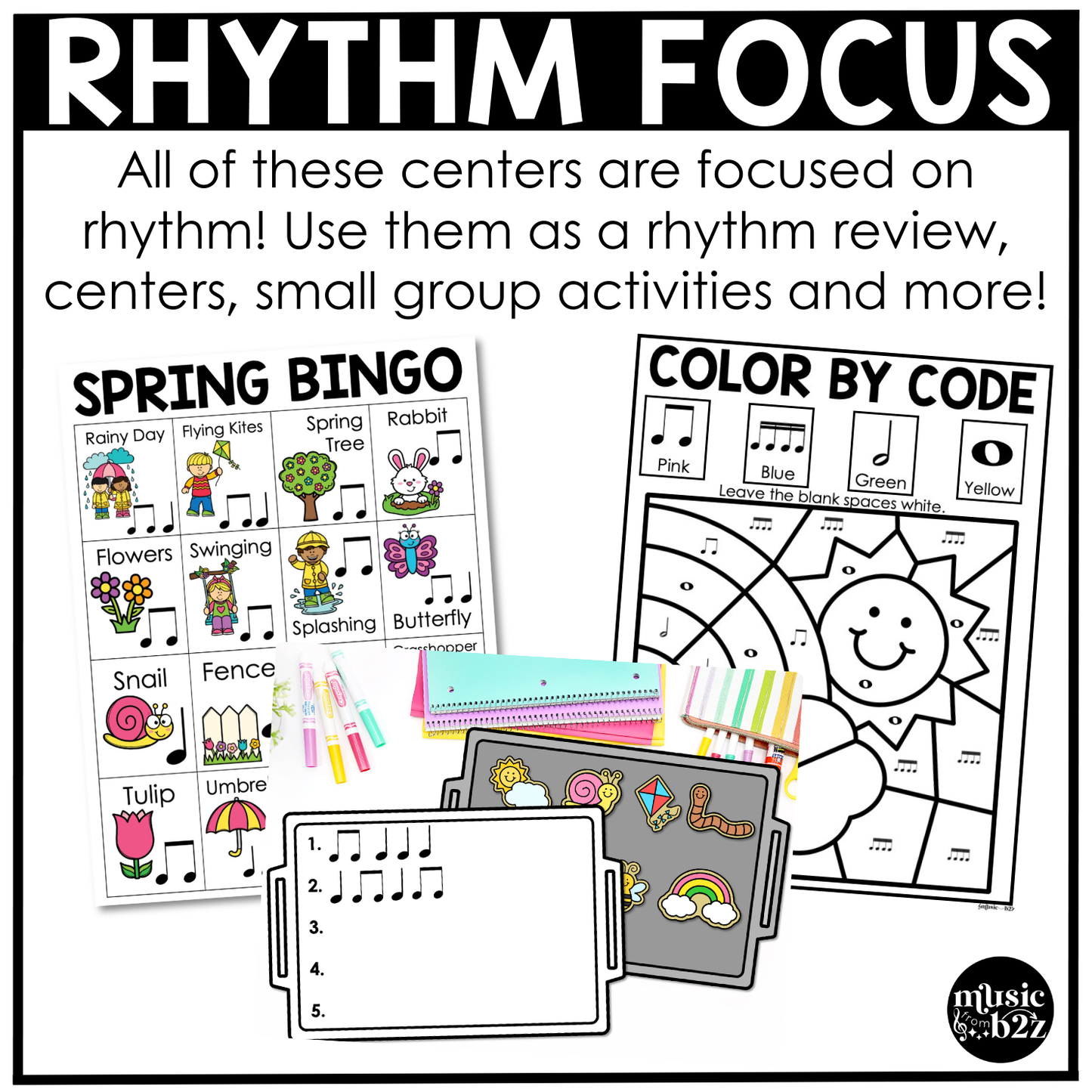 Spring Music Centers BUNDLE Rhythm Worksheets Spring Music Games