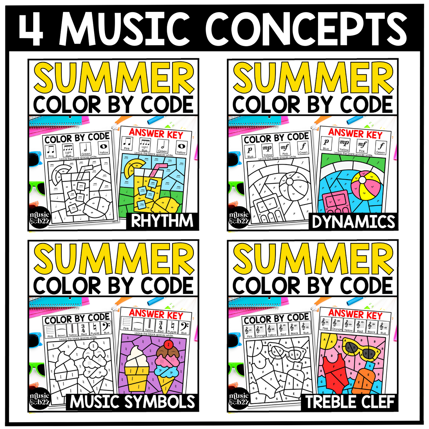 Summer Music Coloring Page BUNDLE Color by Note Summer Music Worksheets
