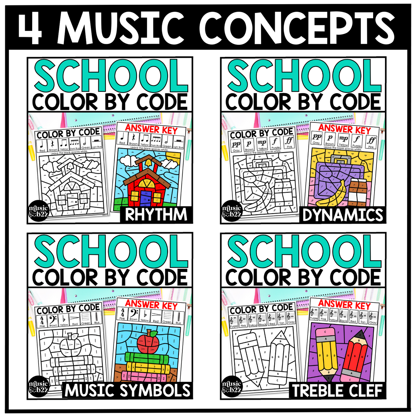 Back to School Music Coloring Page BUNDLE Color by Note Music Worksheets