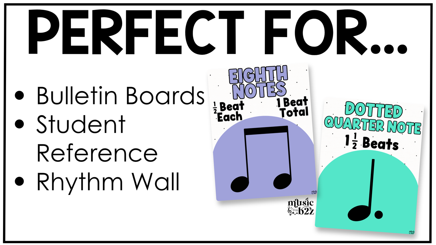 Bright Note Value Posters Rhythm Durations Elementary Music Classroom Decor