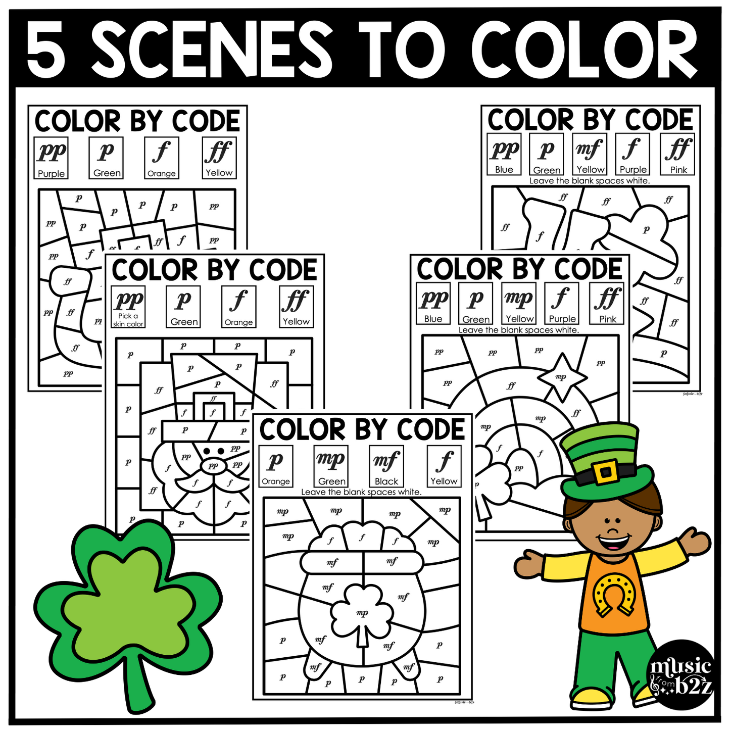 St. Patrick's Day Music Coloring Pages Color by Note Music Worksheets Dynamics