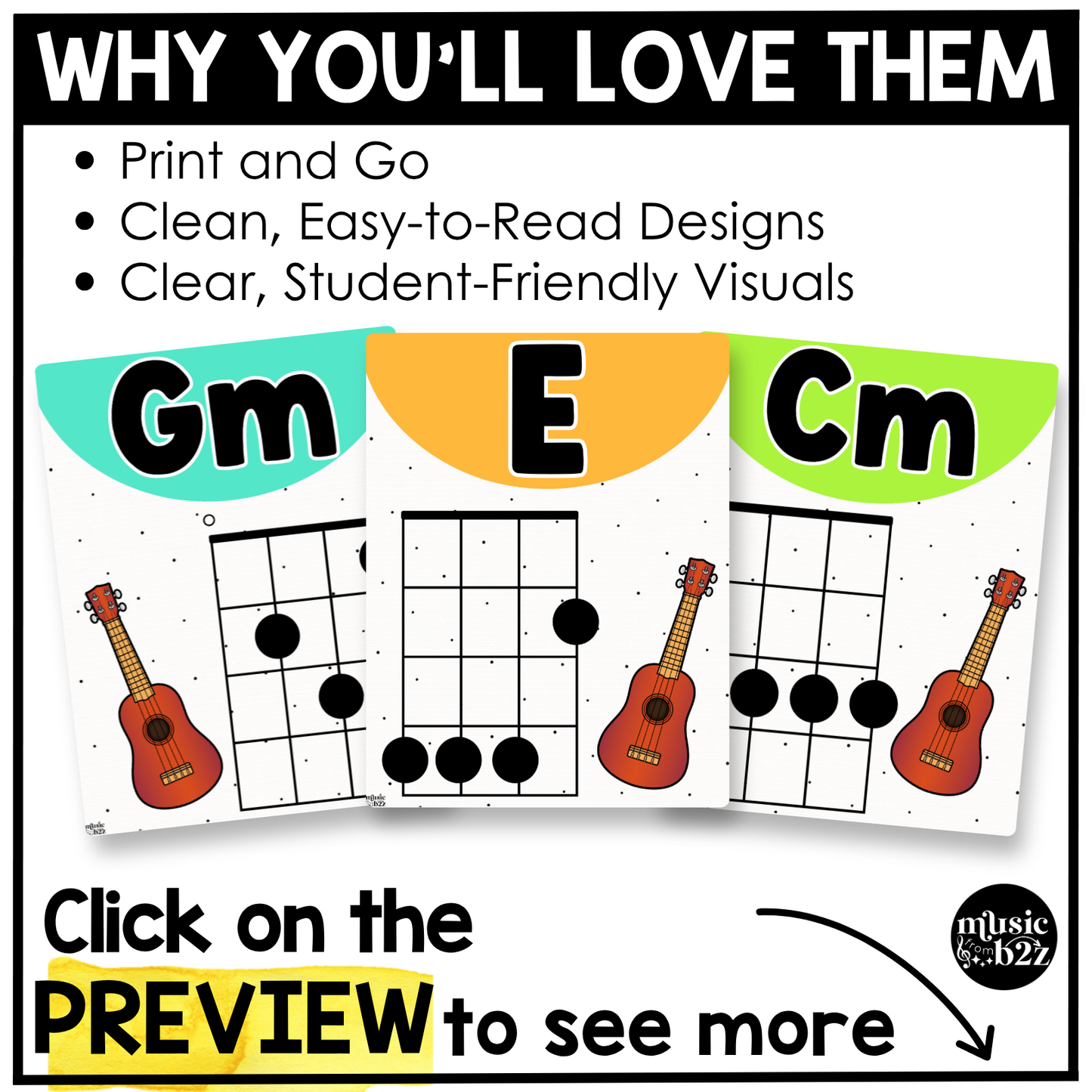 Bright Ukulele Chord Charts Posters Elementary Music Classroom Decor