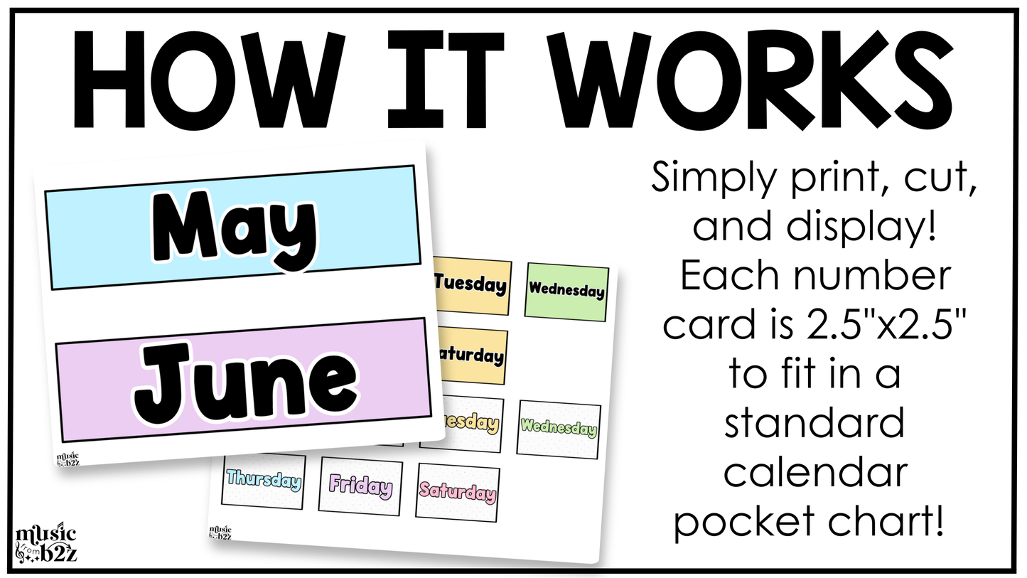 Pastel Calendar Kit Editable Elementary Music Classroom Decor Calendar Pieces