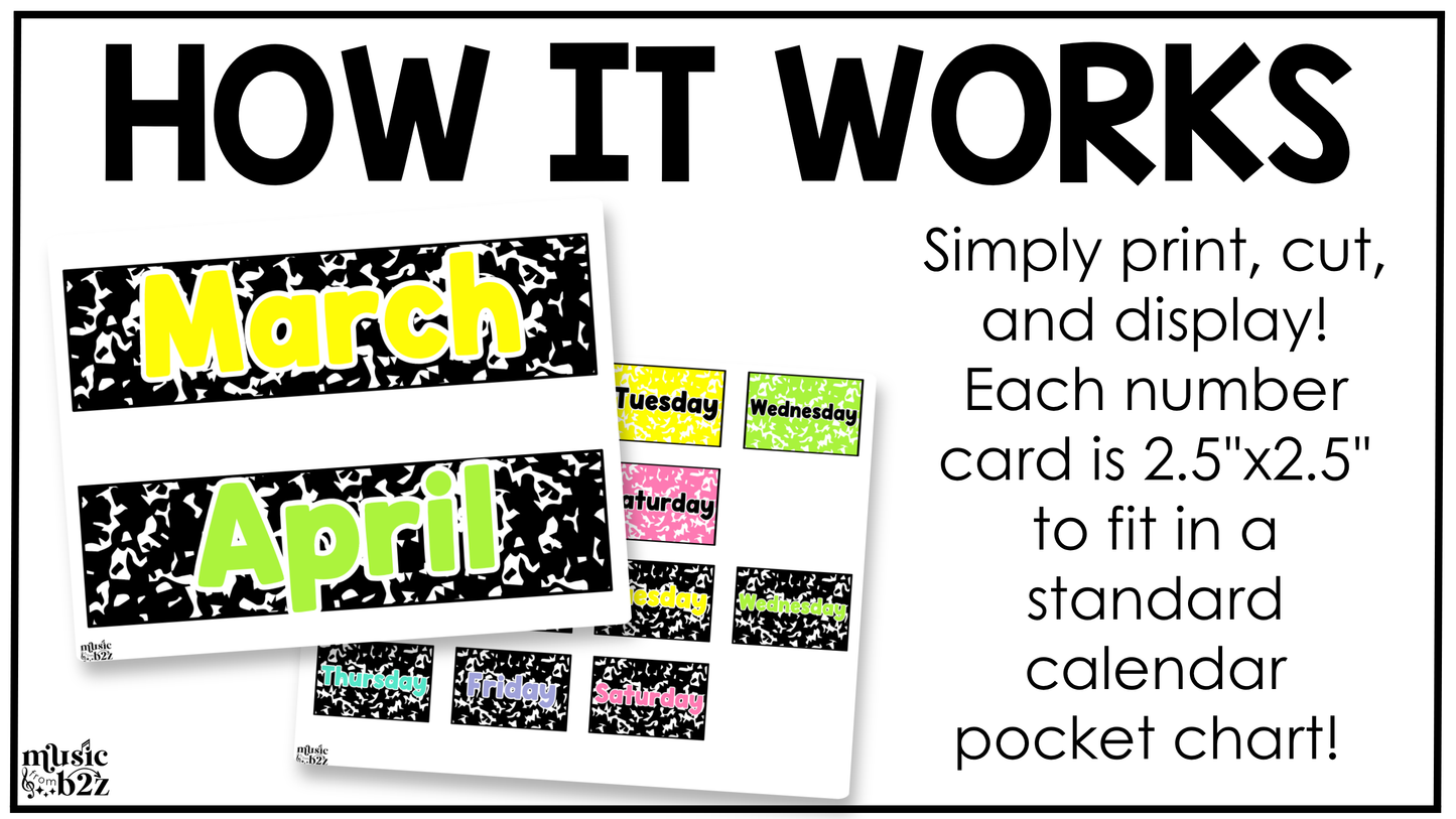 Bright Composition Notebook Calendar Editable Elementary Music Classroom Decor