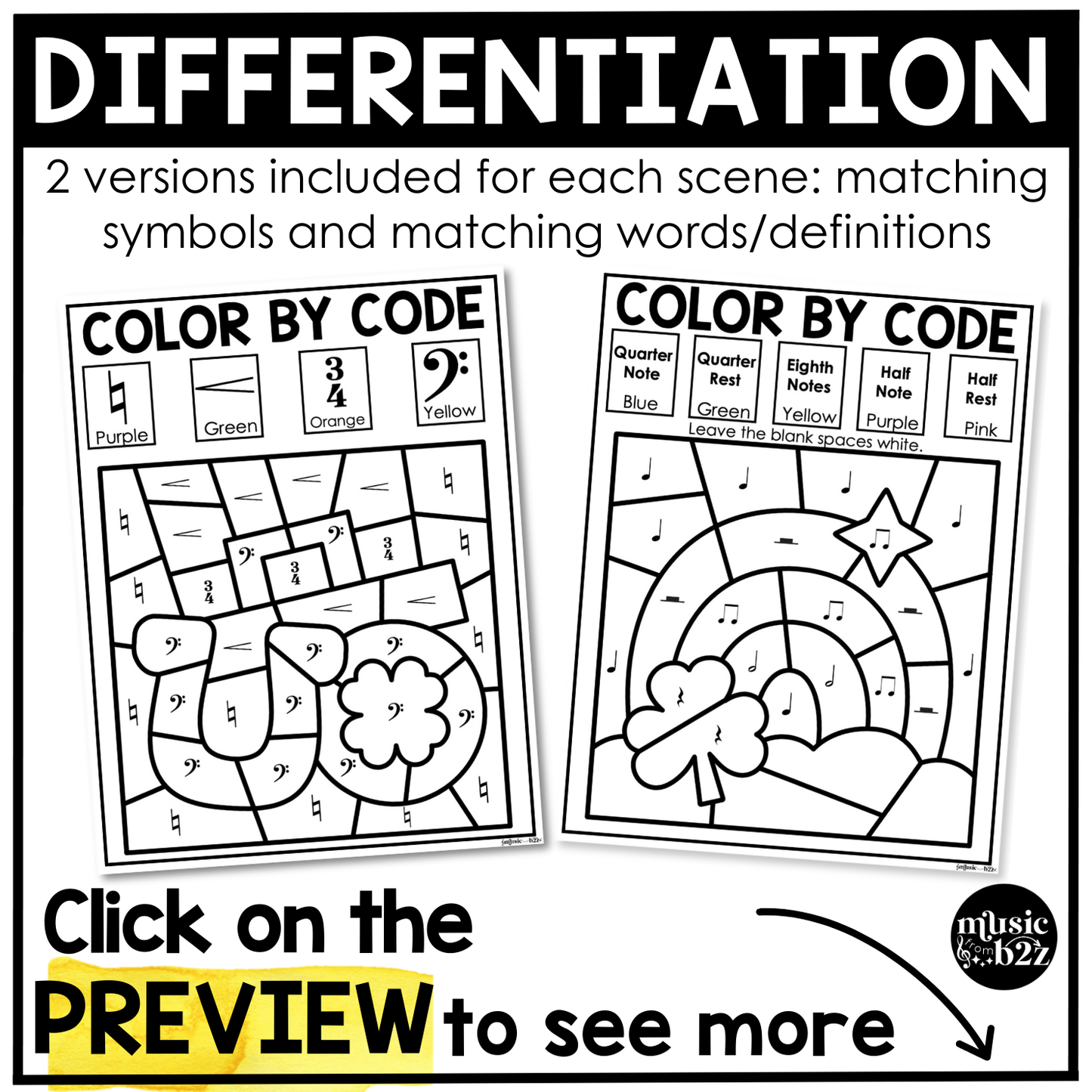 St. Patrick's Day Music Coloring Page BUNDLE Color by Note Music Worksheets
