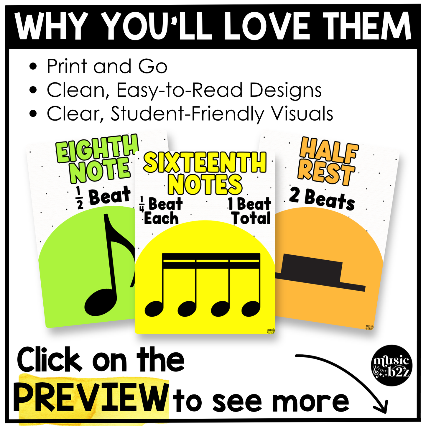 Bright Note Value Posters Rhythm Durations Elementary Music Classroom Decor