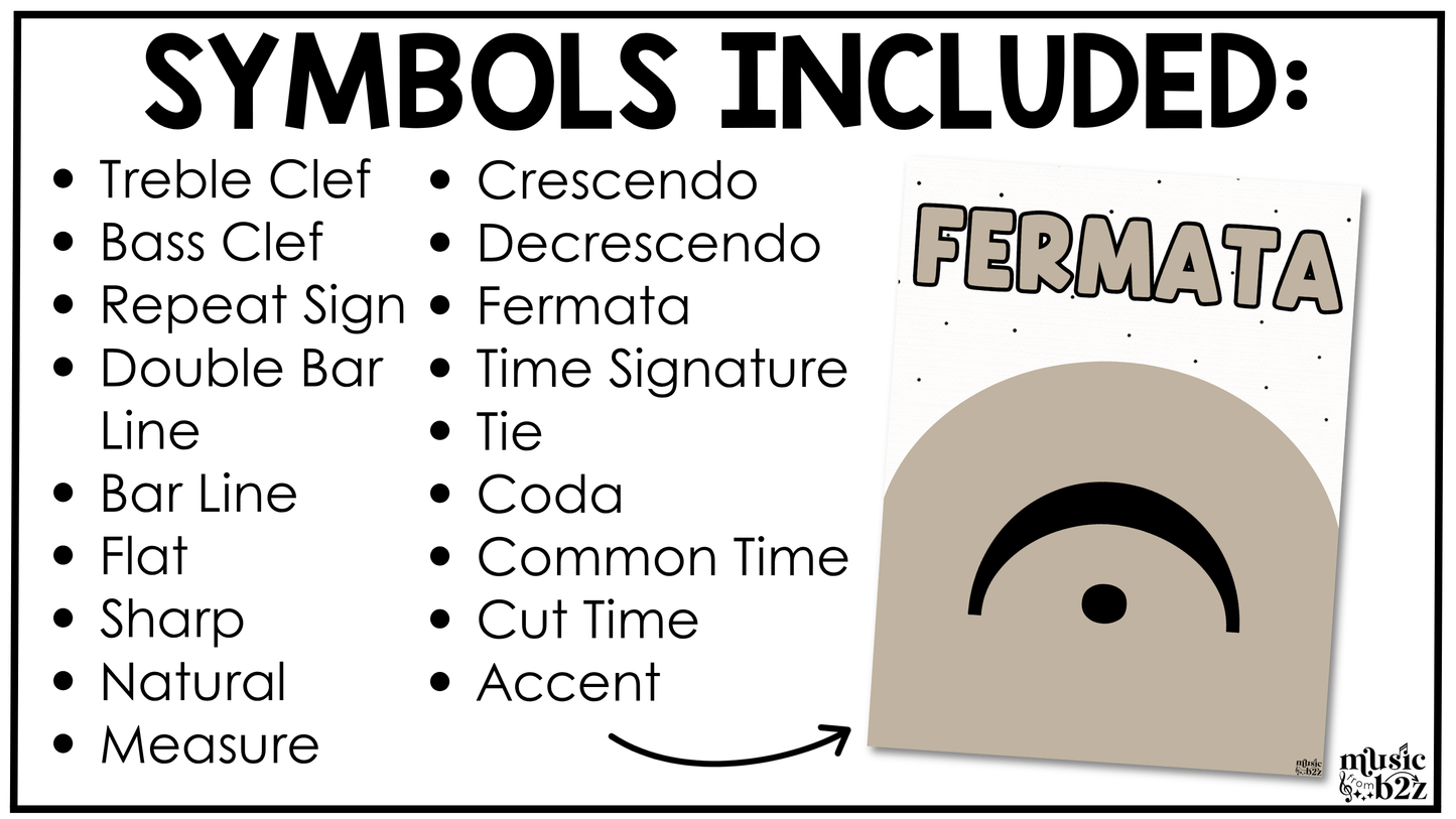 Neutral Music Symbols & Dynamics Posters Elementary Music Classroom Decor