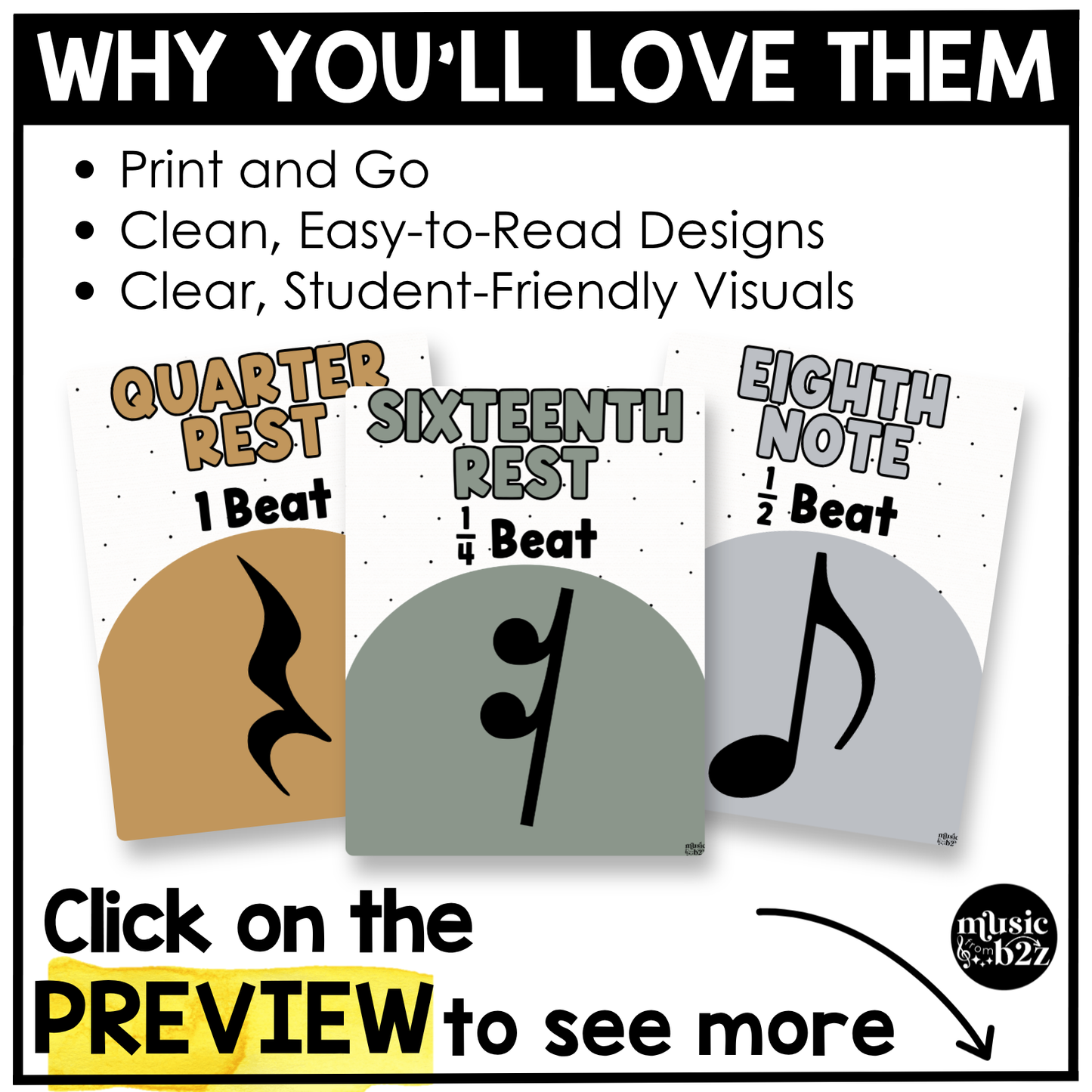 Neutral Note Value Posters Rhythm Durations Elementary Music Classroom Decor