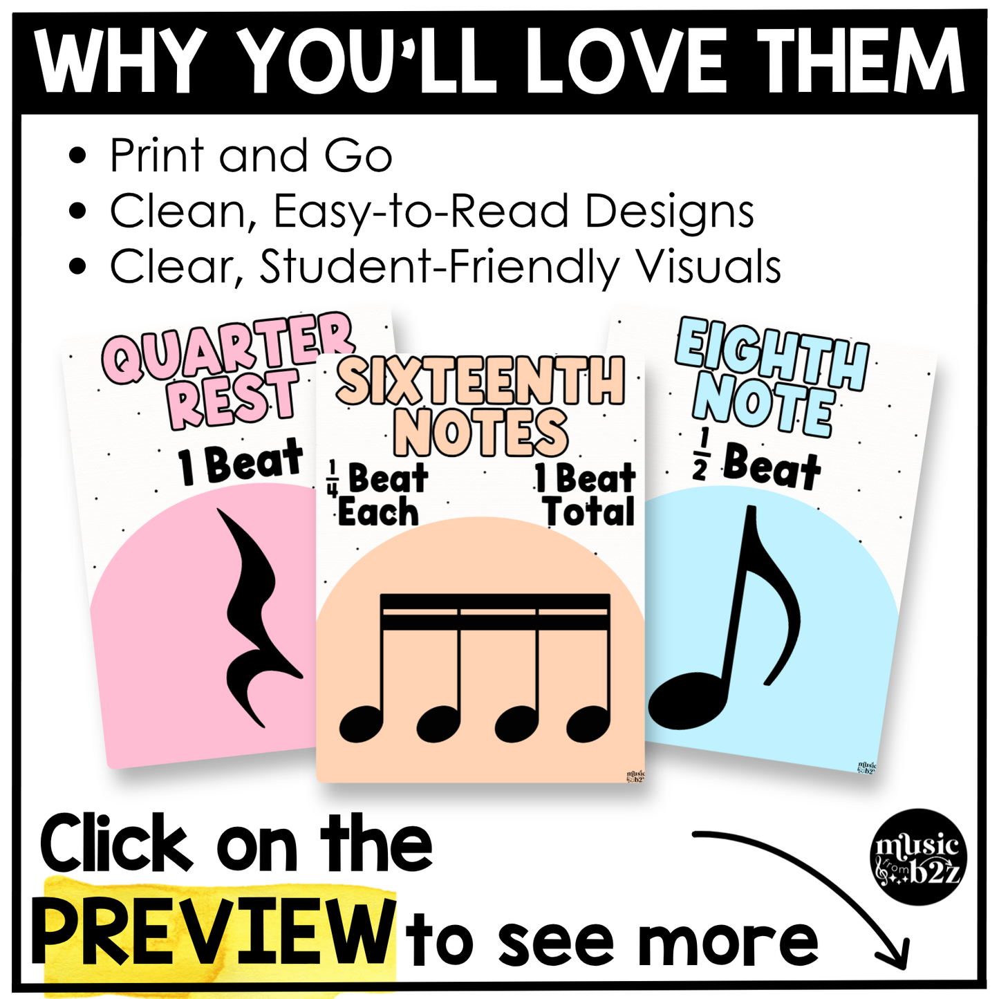 Pastel Note Value Posters Rhythm Durations Elementary Music Classroom Decor