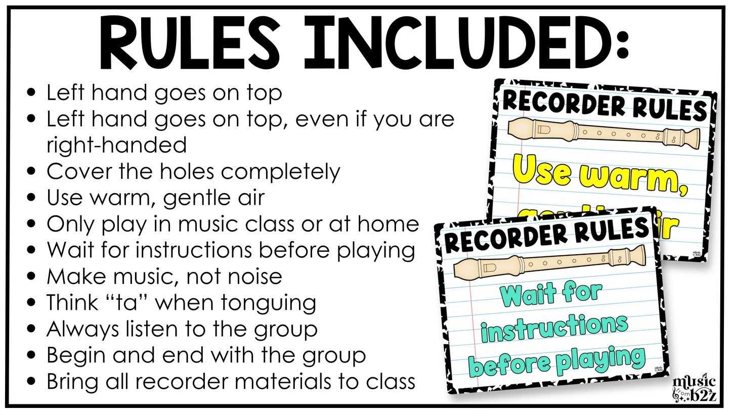 Bright Composition Recorder Fingering Charts & Rules Posters Music Classroom Decor