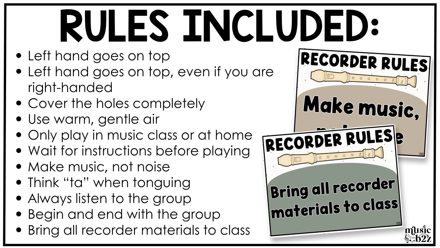 Neutral Recorder Fingering Charts & Rules Posters Music Classroom Decor