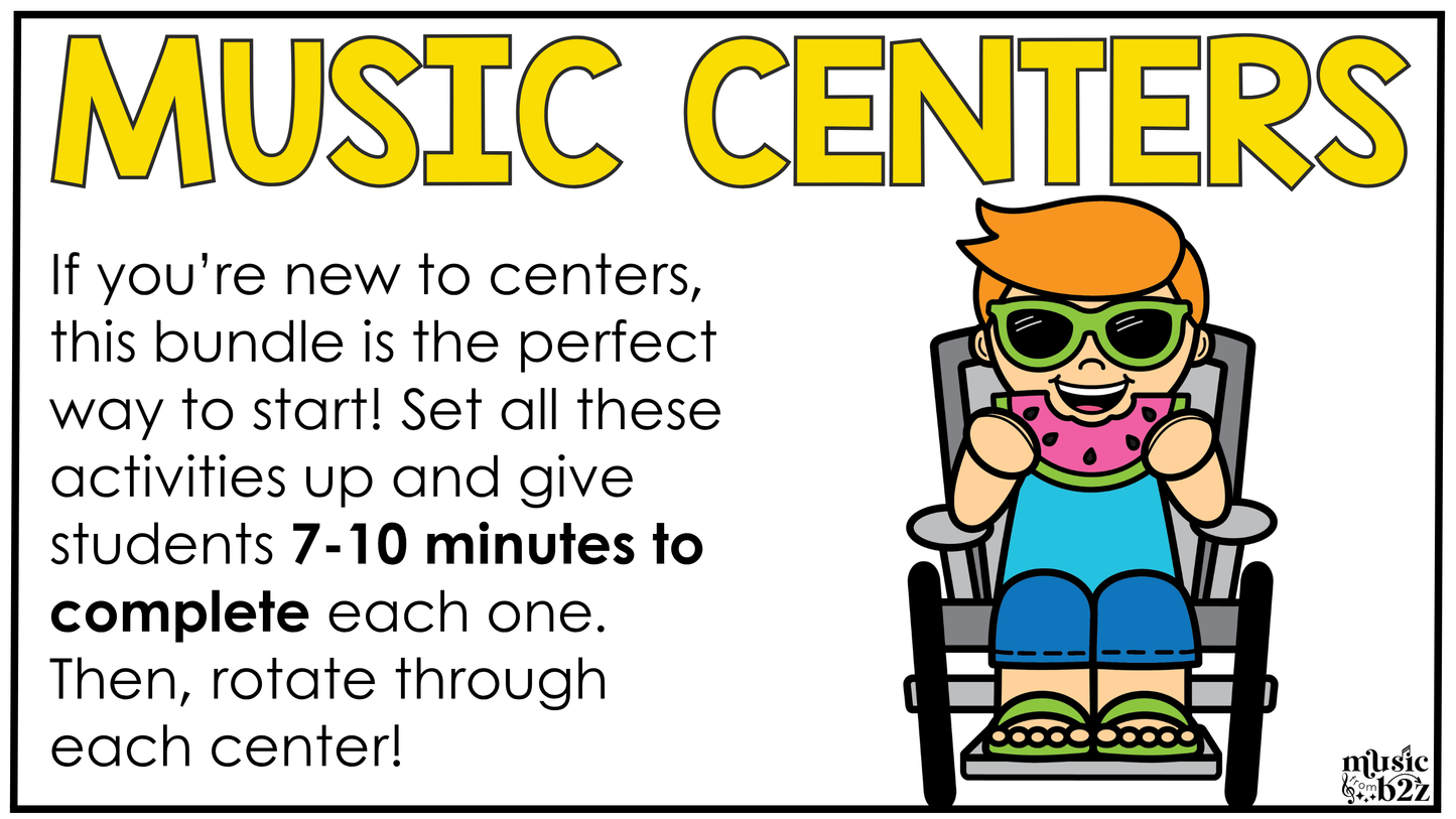 Summer Music Centers BUNDLE Summer Treble Clef Worksheets Music Games Sub Plans
