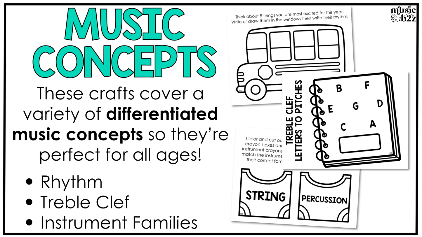 Back to School Music Craft BUNDLE Music Bulletin Board Music Centers Sub Plans
